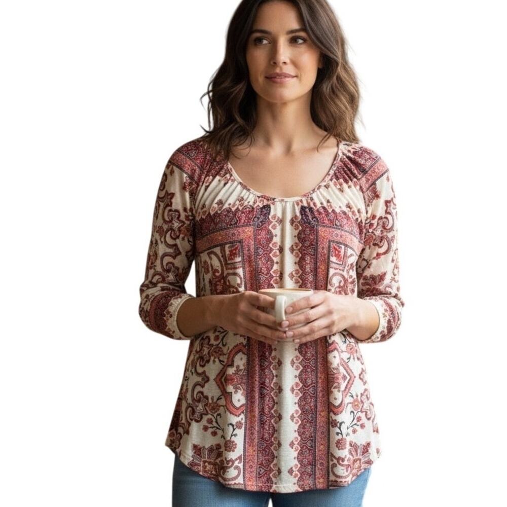 Lucky Brand Scarf Print Top Womens Medium Floral Paisley Knit Boho Linen Cotton